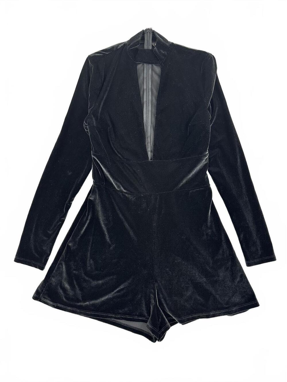 Express Black Velvet Romper with Deep V Neckline and Long Sleeves